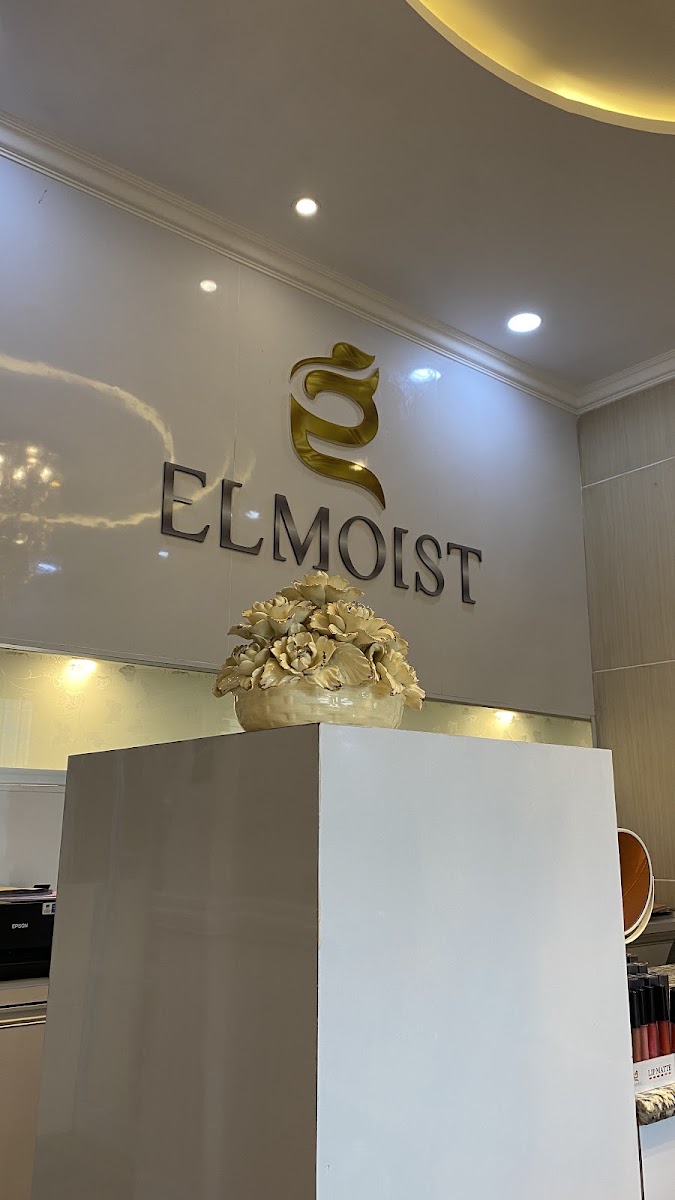 Elmoist Clinic Lumajang gold signage above the reception desk