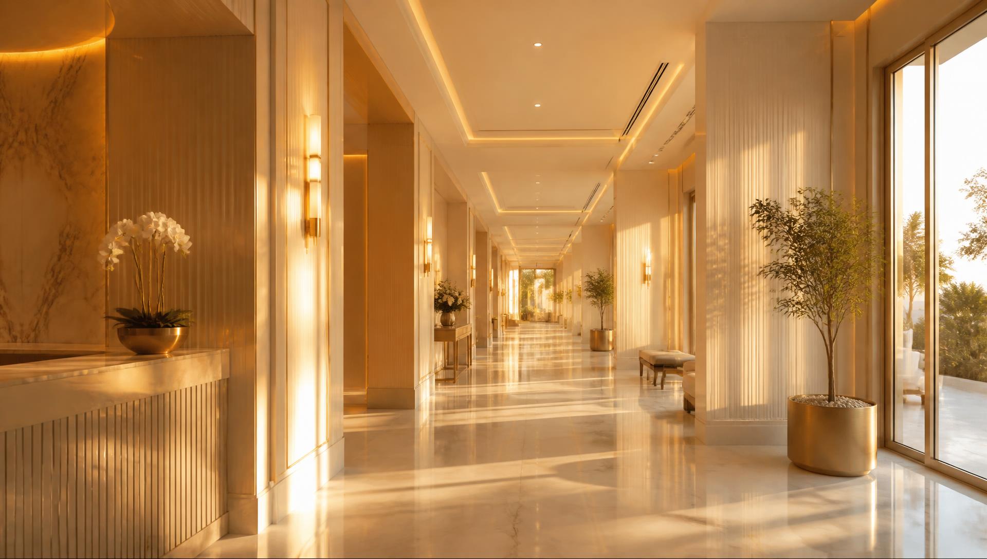 Warmly lit luxury clinic corridor